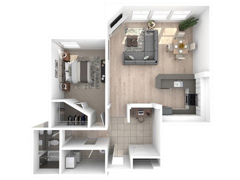 Floor plan for 1 bed, 1 bath, 844 sqft